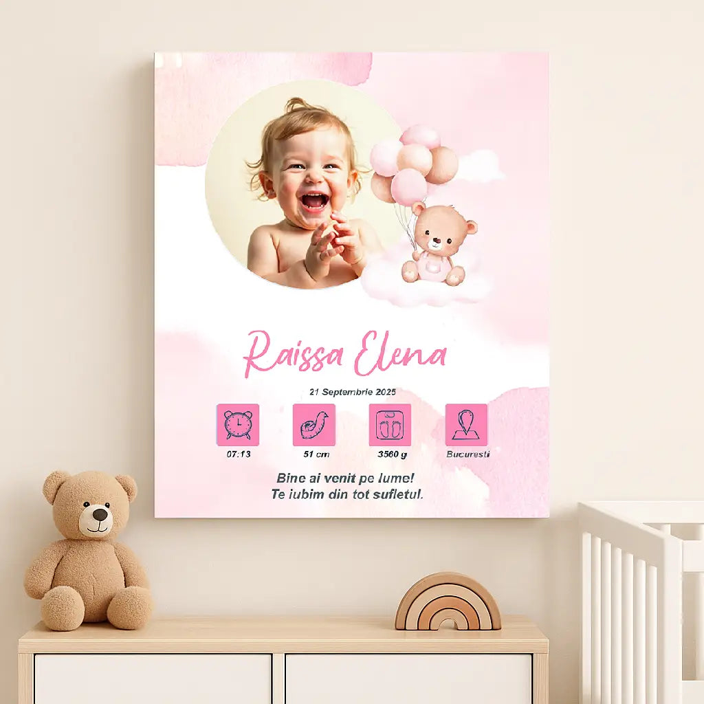 Tablou canvas personalizat cu fotografia și datele de naștere ale bebelușului | ursulet roz 5