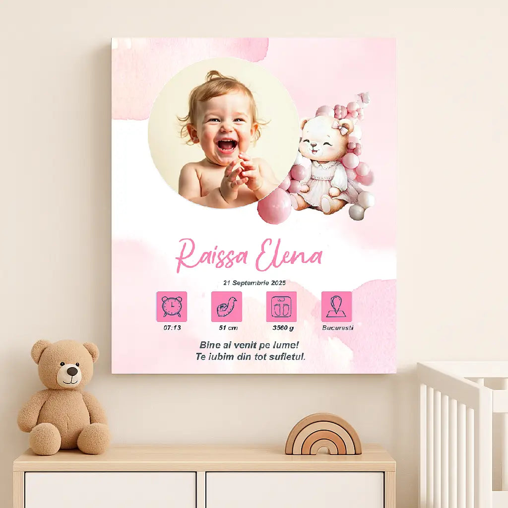 Tablou canvas personalizat cu fotografia și datele de naștere ale bebelușului | ursulet roz 3
