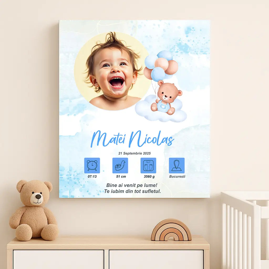 Tablou canvas personalizat cu fotografia și datele de naștere ale bebelușului | Ursulet 2 cu baloane (Copie)
