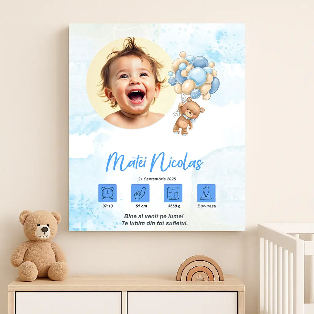 Tablou canvas personalizat cu fotografia și datele de naștere ale bebelușului | Ursulet 3 cu baloane (Copie) (Copie)