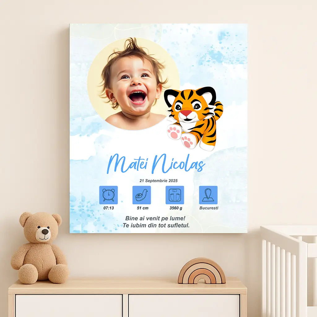 Tablou canvas personalizat cu fotografia și datele de naștere ale bebelușului | tigru