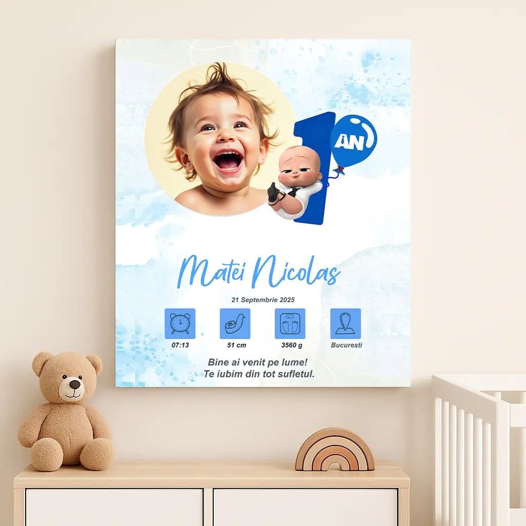 Tablou canvas personalizat cu fotografia și datele de naștere ale bebelușului | un anisor