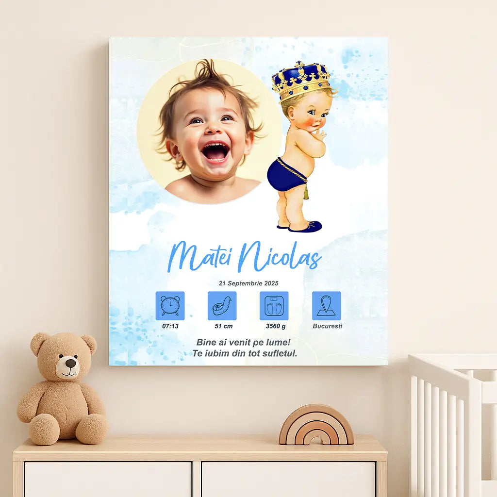 Tablou canvas personalizat cu fotografia și datele de naștere ale bebelușului | bebe rege