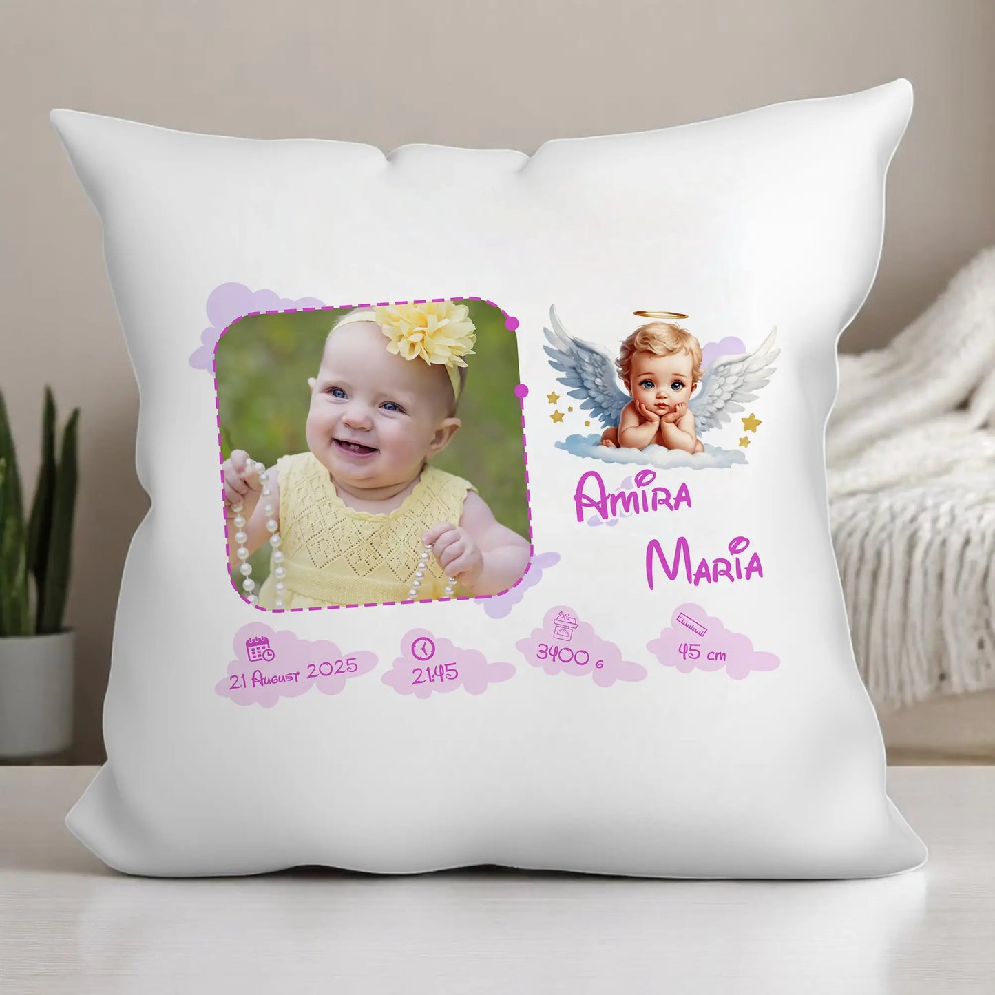 Pernă personalizată cu datele de naștere ale bebelușului – 40×40 cm | Model dragut fetite ( m2 )