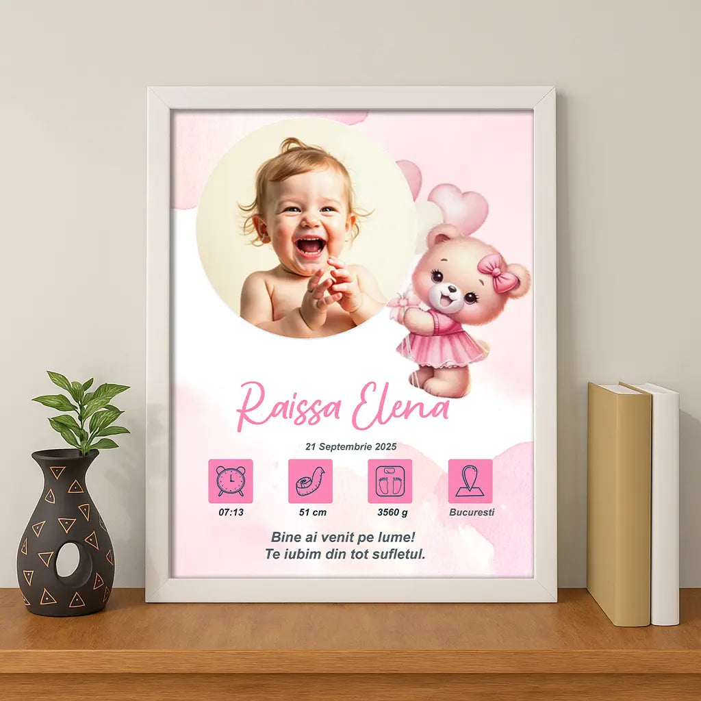 Tablou personalizat A4 cu fotografia și datele de la naștere ale bebelușului | Ursulet roz cu baloane