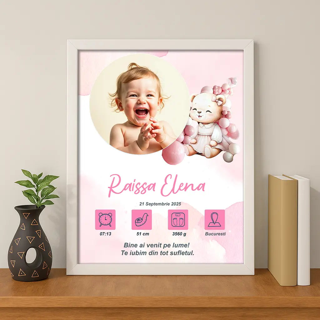 Tablou personalizat A4 cu fotografia și datele de la naștere ale bebelușului | Ursulet Roz 4