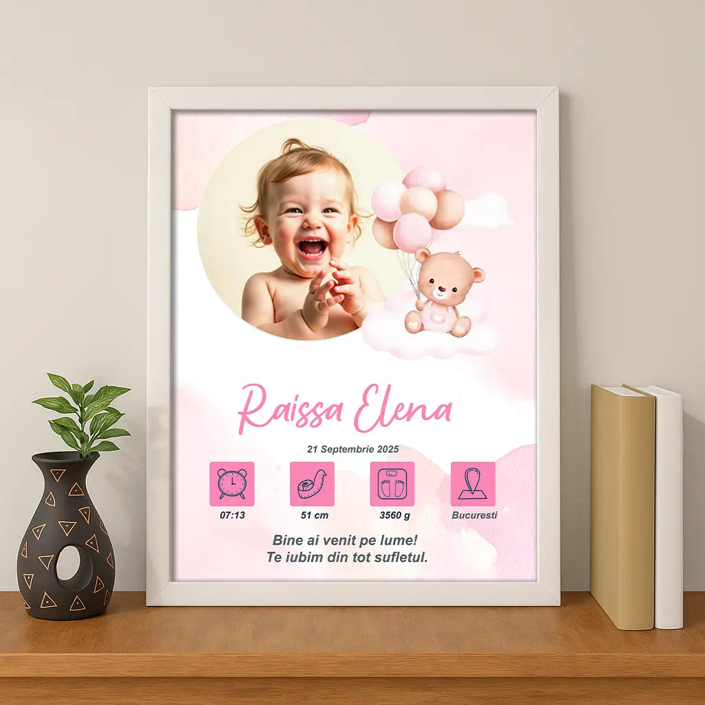 Tablou personalizat A4 cu fotografia și datele de la naștere ale bebelușului | Ursulet Roz 2