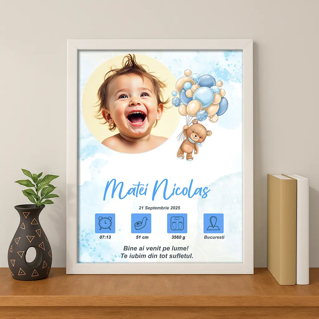 Tablou personalizat A4 cu fotografia și datele de la naștere ale bebelușului | Ursulet baietel cu baloane