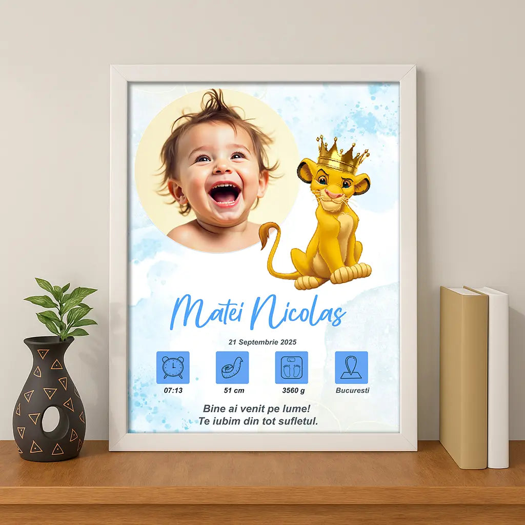 Tablou personalizat A4 cu fotografia și datele de la naștere ale bebelușului | Regele leu