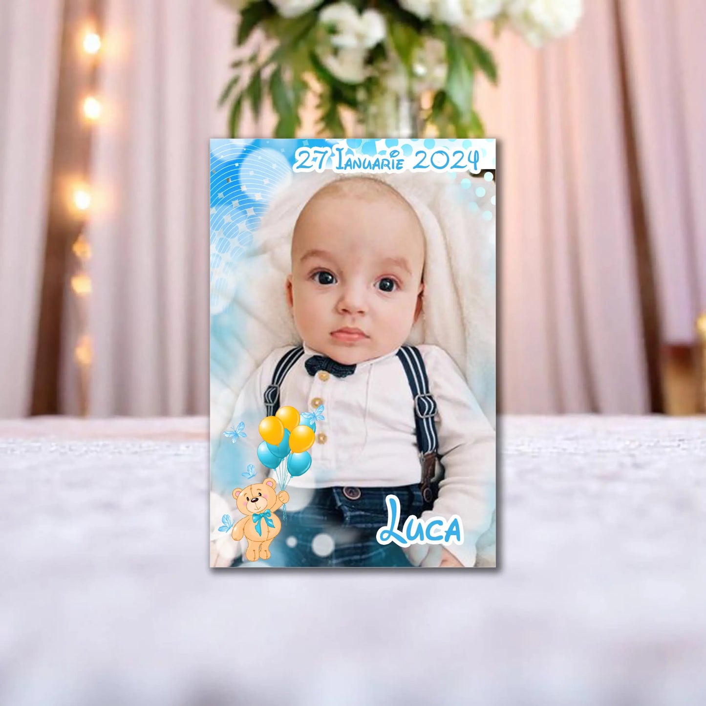 Marturie magnetica botez personalizata cu poza, nume si data model 45