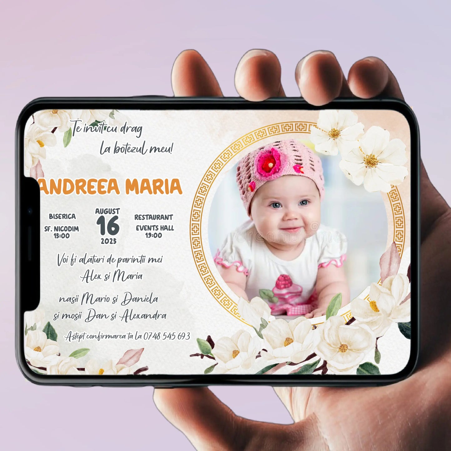 Invitație digitală pentru botez –  personalizată | Model D3