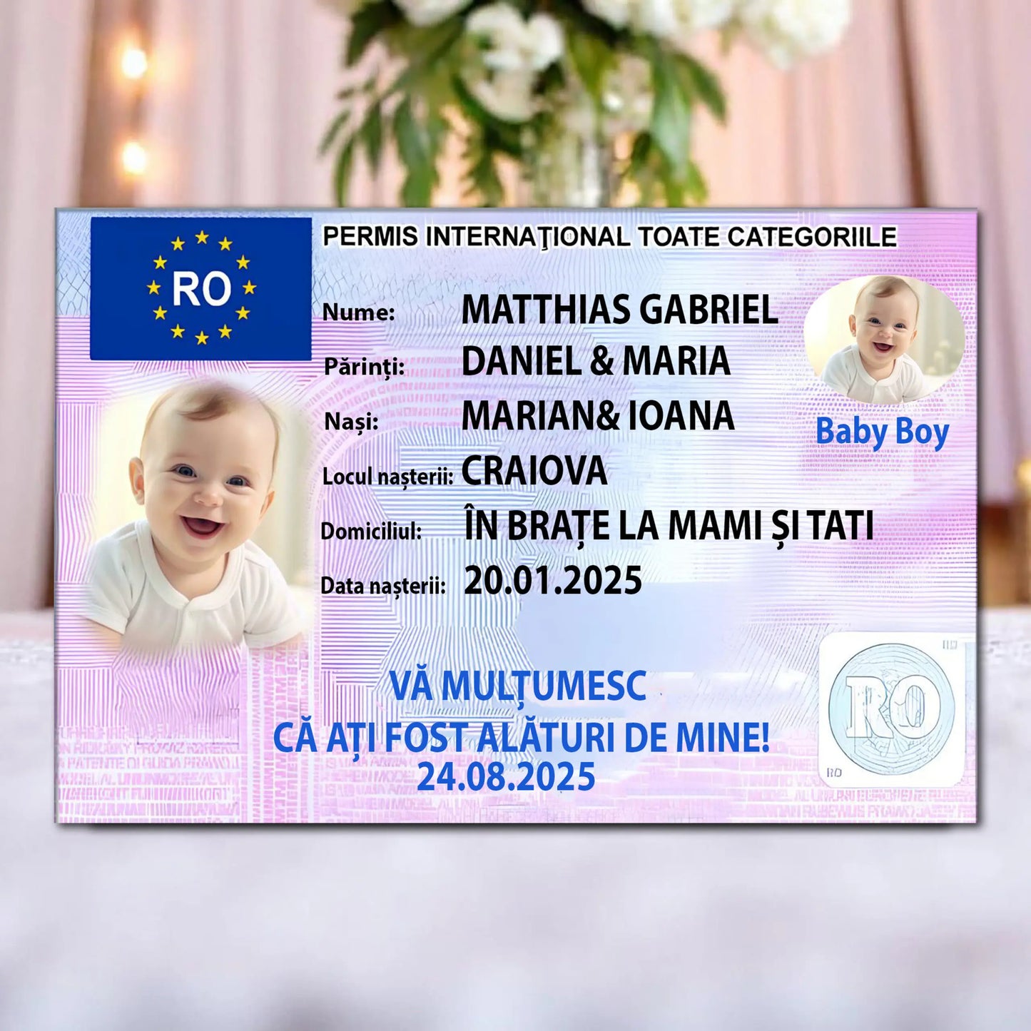 Marturie magnetica botez tip permis auto personalizata cu poza, nume si data