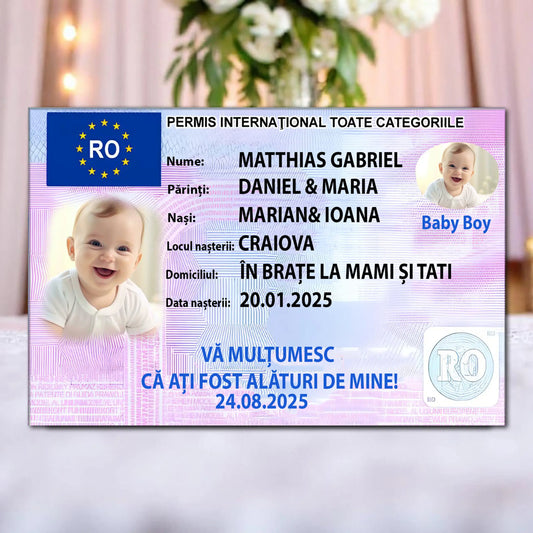 Marturie magnetica botez tip permis auto personalizata cu poza, nume si data