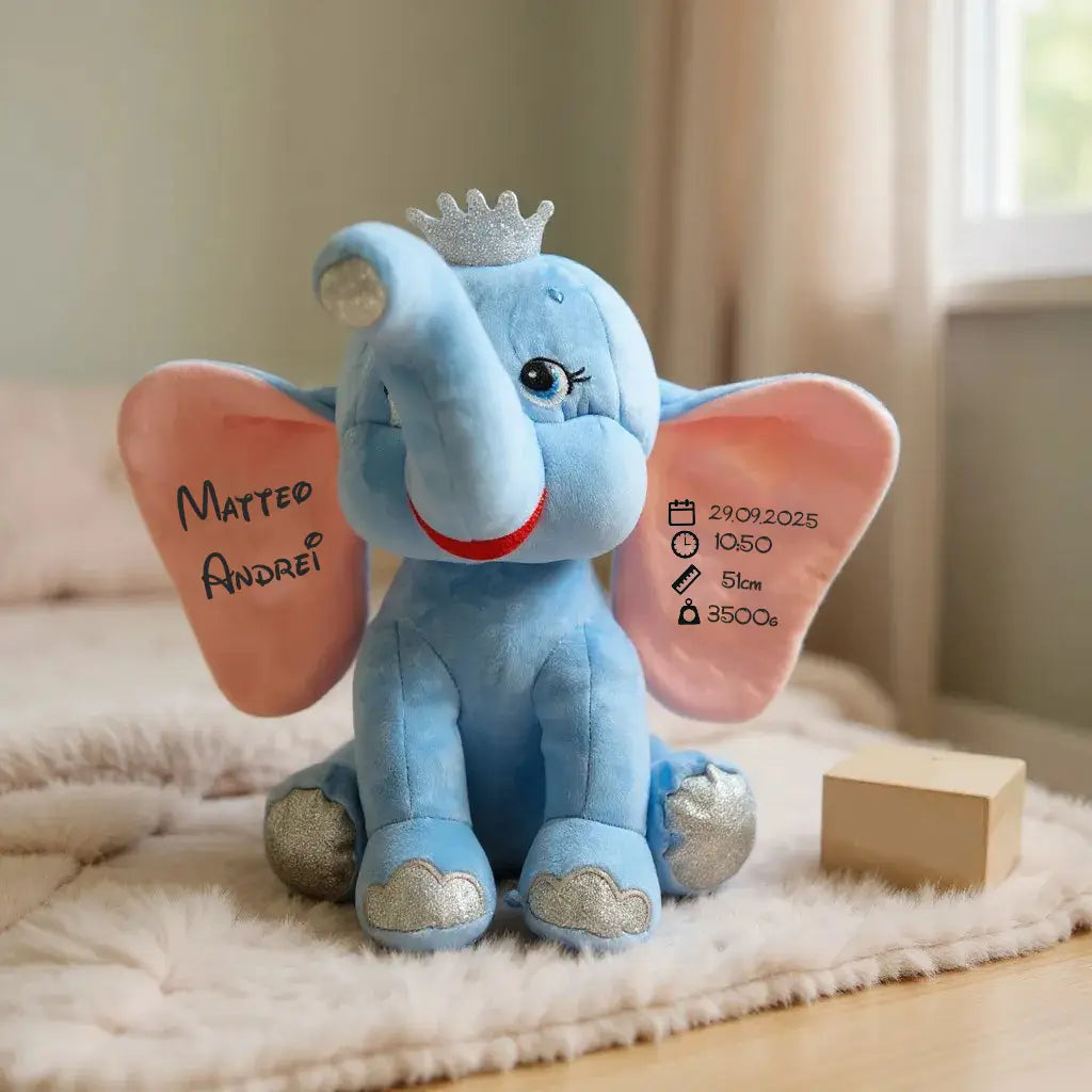 Jucărie de pluș Elefant personalizat cu nume și datele nașterii – Albastru