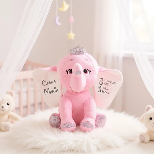Jucărie de pluș Elefant personalizat cu nume și datele nașterii – Roz