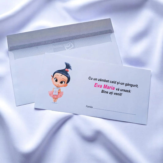 Plic pentru bani botez personalizat – cu nume, personaj din desene și mesaj special | 11×22 cm PB21