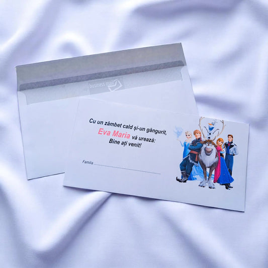 Plic pentru bani botez personalizat – cu nume, personaj din desene și mesaj special | 11×22 cm PB20