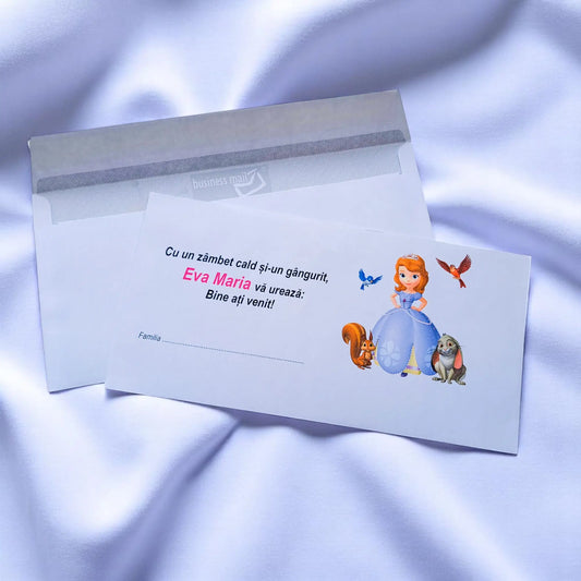 Plic pentru bani botez personalizat – cu nume, personaj din desene și mesaj special | 11×22 cm PB28