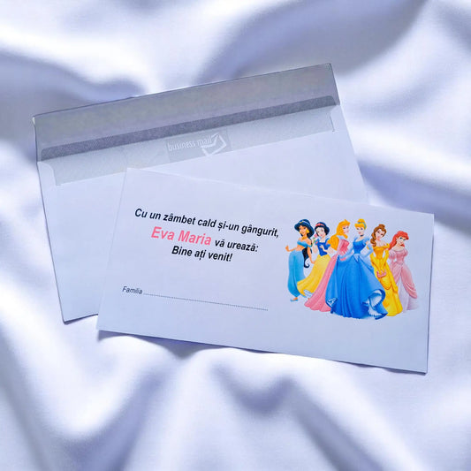 Plic pentru bani botez personalizat – cu nume, personaj din desene și mesaj special | 11×22 cm