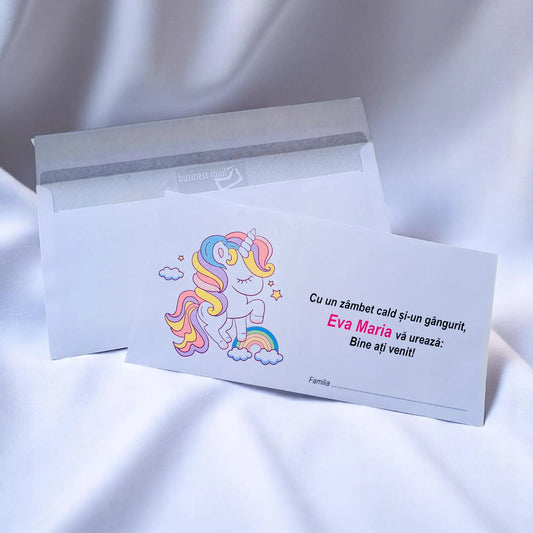 Plic pentru bani botez personalizat – cu nume, personaj din desene și mesaj special | 11×22 cm PB12