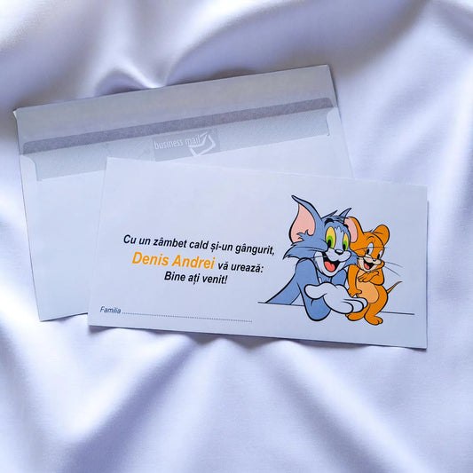 Plic pentru bani botez personalizat – cu nume, personaj din desene și mesaj special | 11×22 cm PB11