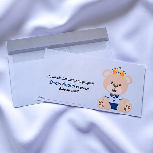 Plic pentru bani botez personalizat – cu nume, personaj din desene și mesaj special | 11×22 cm PB10