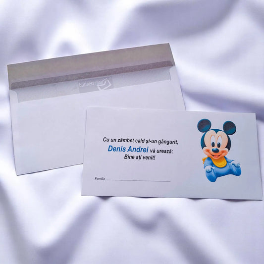 Plic pentru bani botez personalizat – cu nume, personaj din desene și mesaj special | 11×22 cm PB2