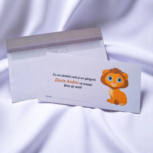 Plic pentru bani botez personalizat – cu nume, personaj din desene și mesaj special | 11×22 cm PB05