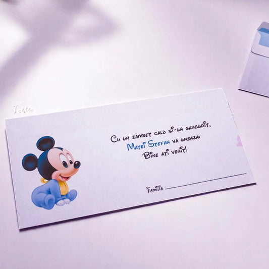 Plic pentru bani botez personalizat – cu nume, personaj din desene și mesaj special | 11×22 cm PB46