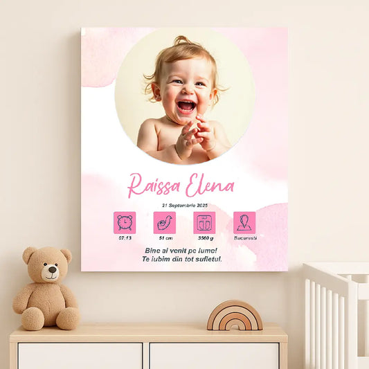 Tablou canvas personalizat cu fotografia și datele de naștere ale bebelușului | model dragut fetite