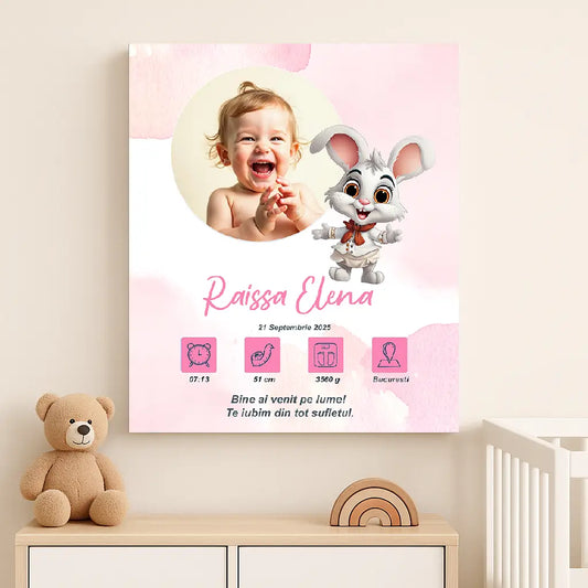 Tablou canvas personalizat cu fotografia și datele de naștere ale bebelușului | iepuras