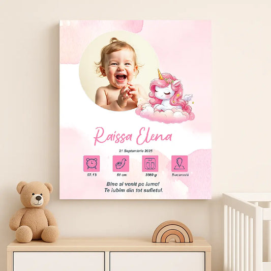 Tablou canvas personalizat cu fotografia și datele de naștere ale bebelușului | unicorn roz
