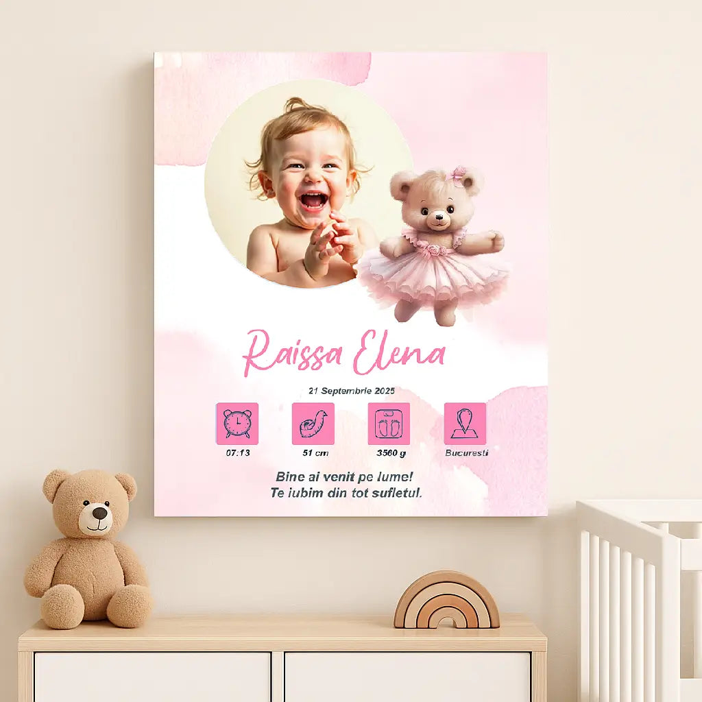 Tablou canvas personalizat cu fotografia și datele de naștere ale bebelușului | ursulet roz dragut
