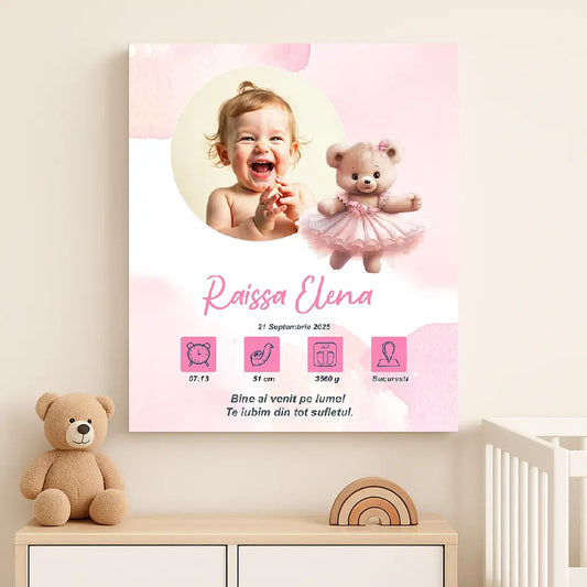 Tablou canvas personalizat cu fotografia și datele de naștere ale bebelușului | ursulet roz dragut