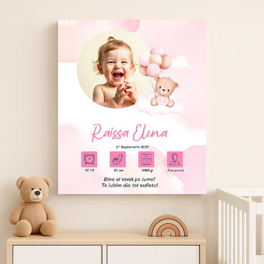 Tablou canvas personalizat cu fotografia și datele de naștere ale bebelușului | ursulet roz 5