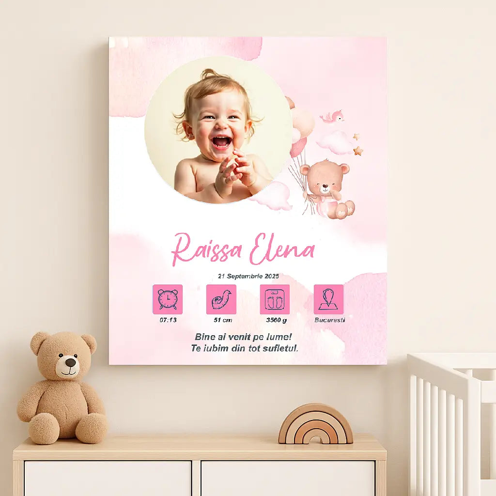 Tablou canvas personalizat cu fotografia și datele de naștere ale bebelușului | ursulet roz 4