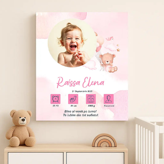 Tablou canvas personalizat cu fotografia și datele de naștere ale bebelușului | ursulet roz 4