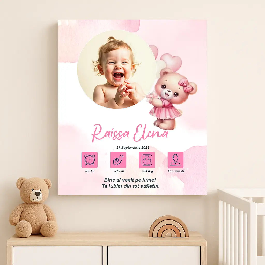 Tablou canvas personalizat cu fotografia și datele de naștere ale bebelușului | ursulet roz 2