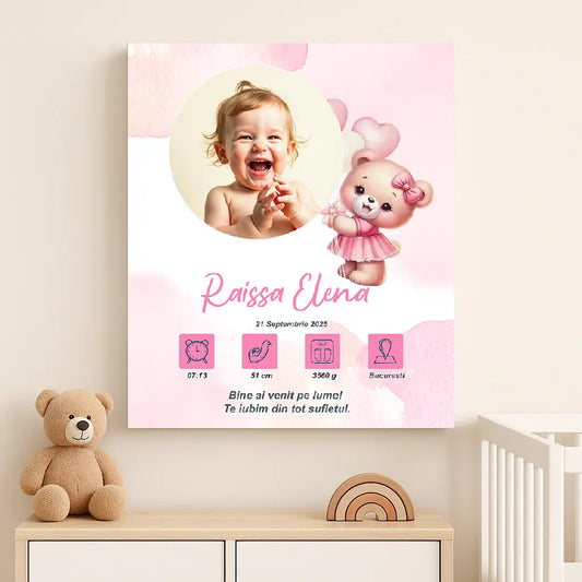 Tablou canvas personalizat cu fotografia și datele de naștere ale bebelușului | ursulet roz 2