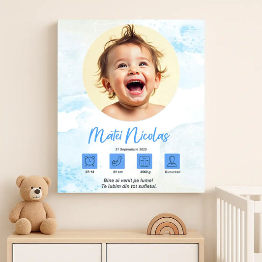 Tablou canvas personalizat cu fotografia și datele de naștere ale bebelușului | Model deosebit