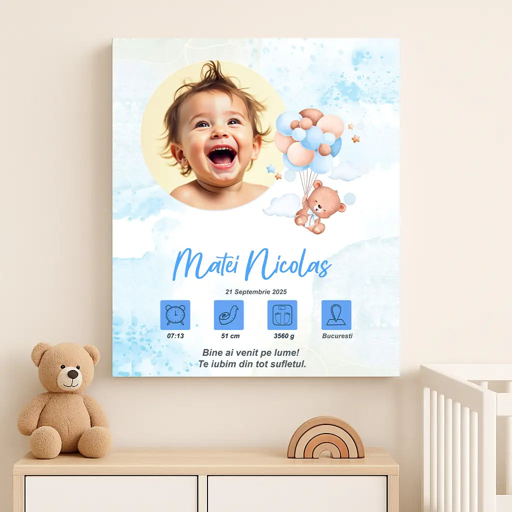 Tablou canvas personalizat cu fotografia și datele de naștere ale bebelușului | Ursulet cu baloane