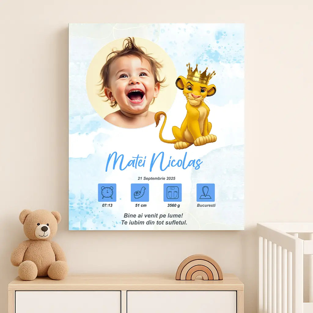 Tablou canvas personalizat cu fotografia și datele de naștere ale bebelușului | regele leu