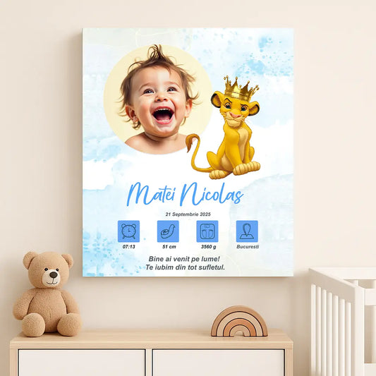 Tablou canvas personalizat cu fotografia și datele de naștere ale bebelușului | regele leu