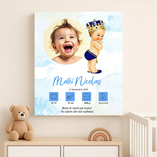 Tablou canvas personalizat cu fotografia și datele de naștere ale bebelușului | bebe rege