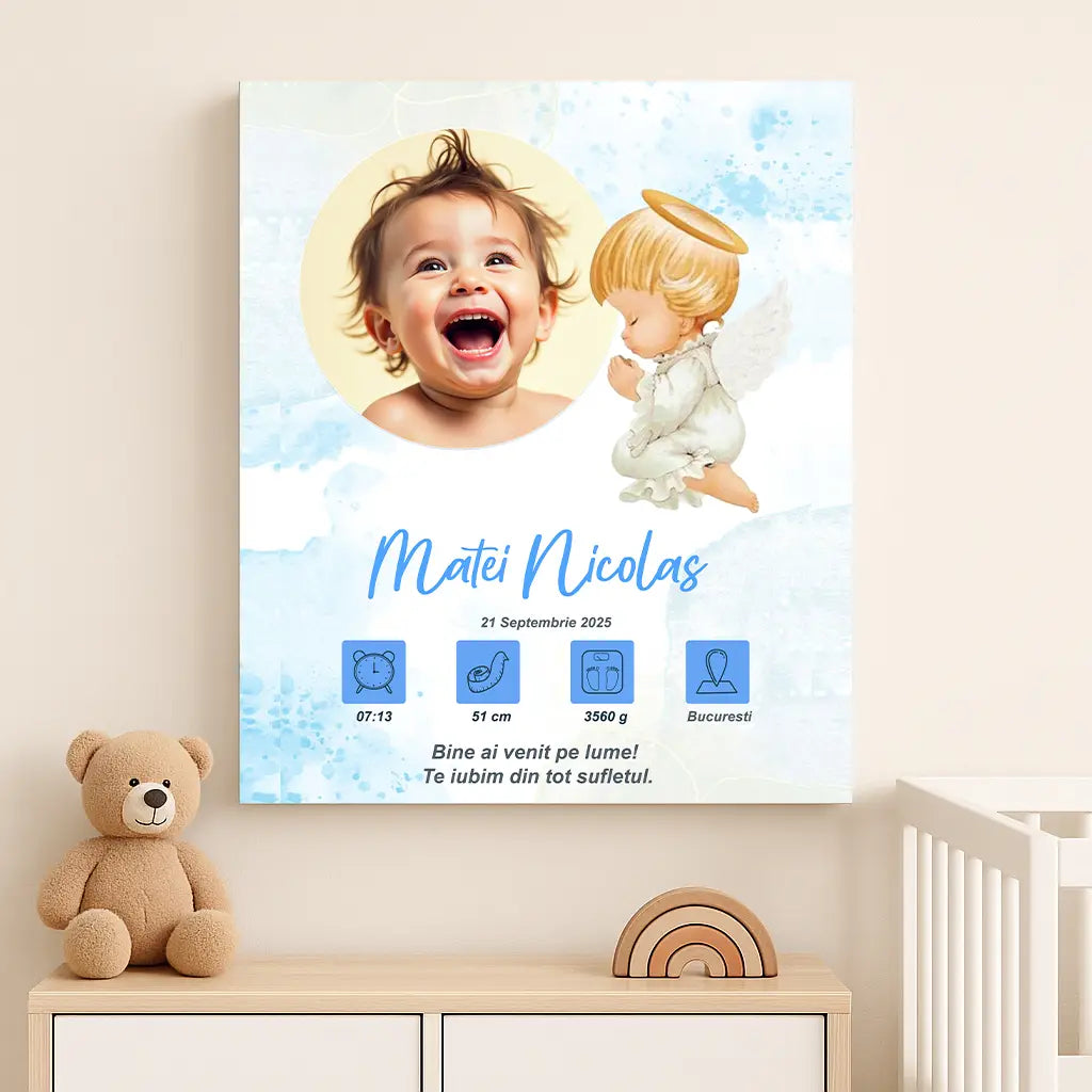 Tablou canvas personalizat cu fotografia și datele de naștere ale bebelușului | ingeras