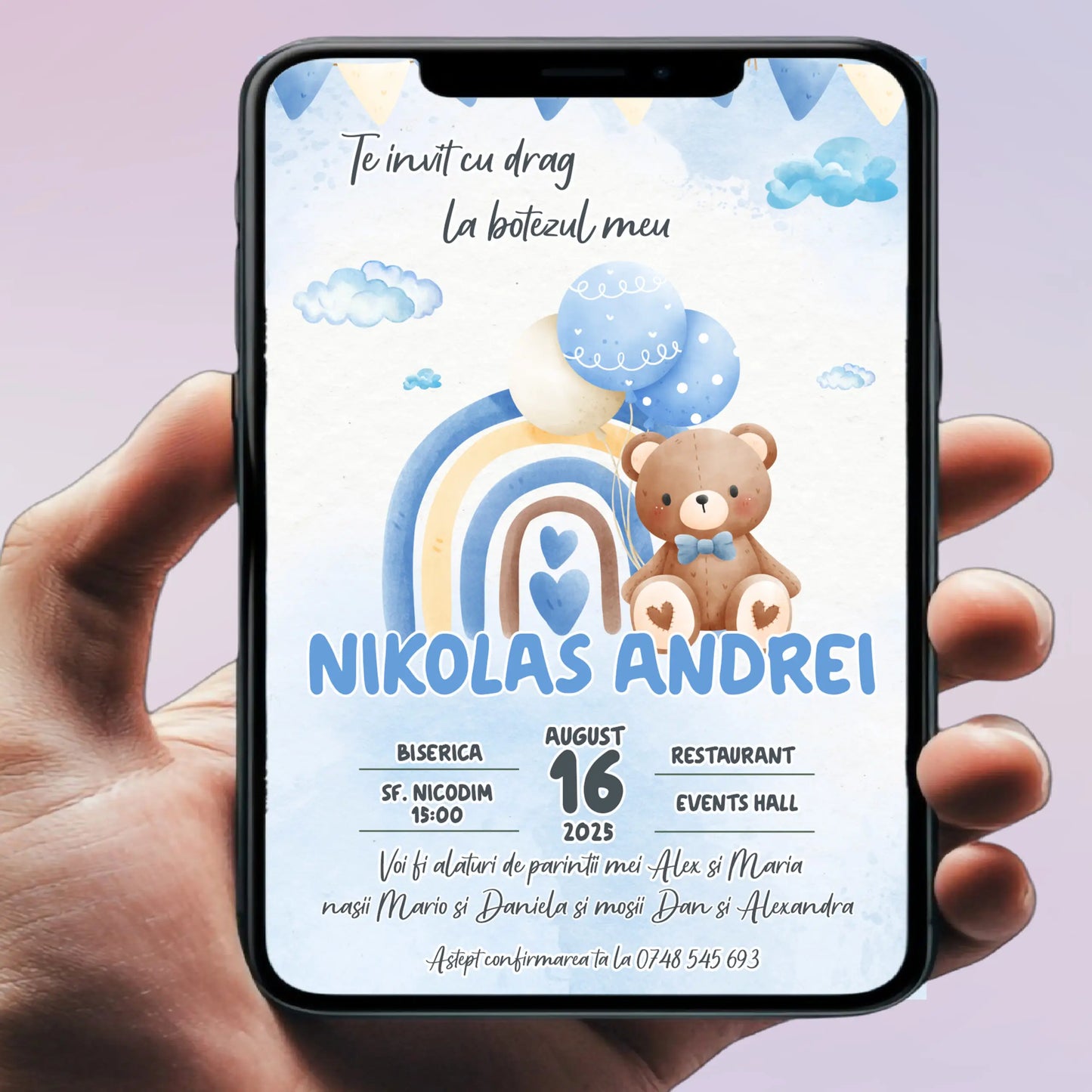 Invitație digitală pentru botez –  personalizată | Model D10