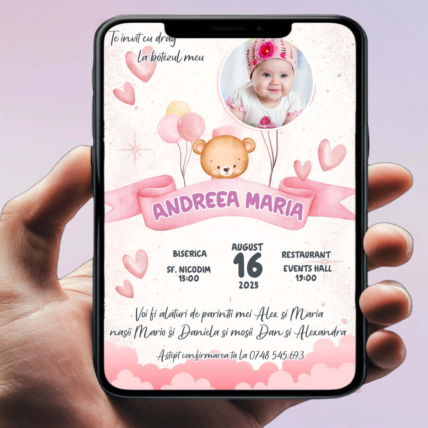Invitație digitală pentru botez –  personalizată | Model D6