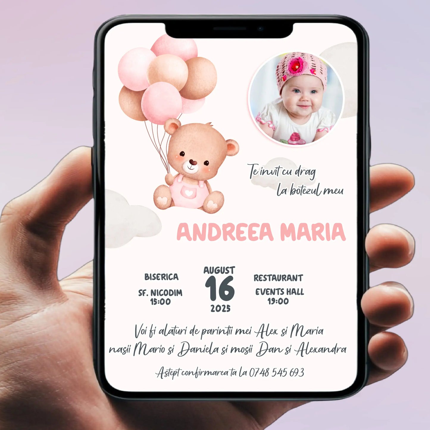 Invitație digitală pentru botez –  personalizată | Model D2