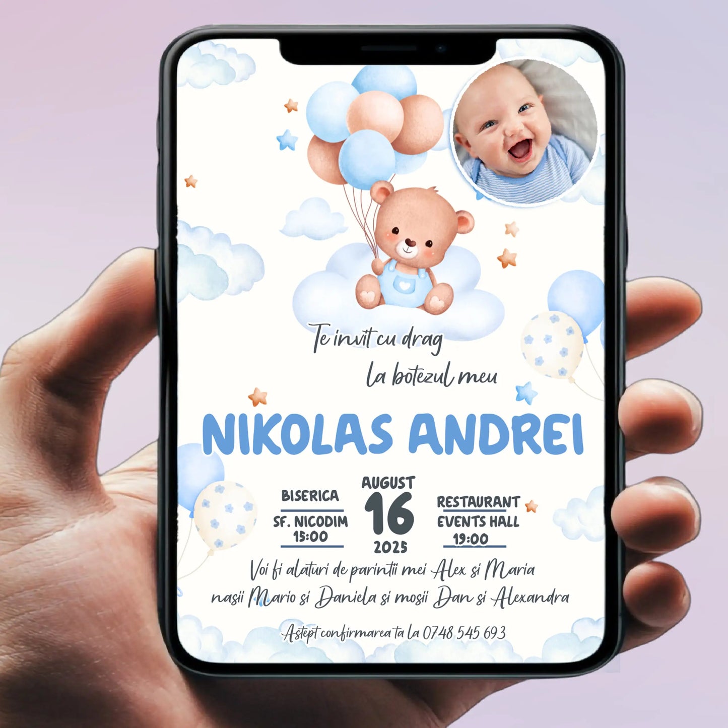 Invitație digitală pentru botez –  personalizată | Model D12
