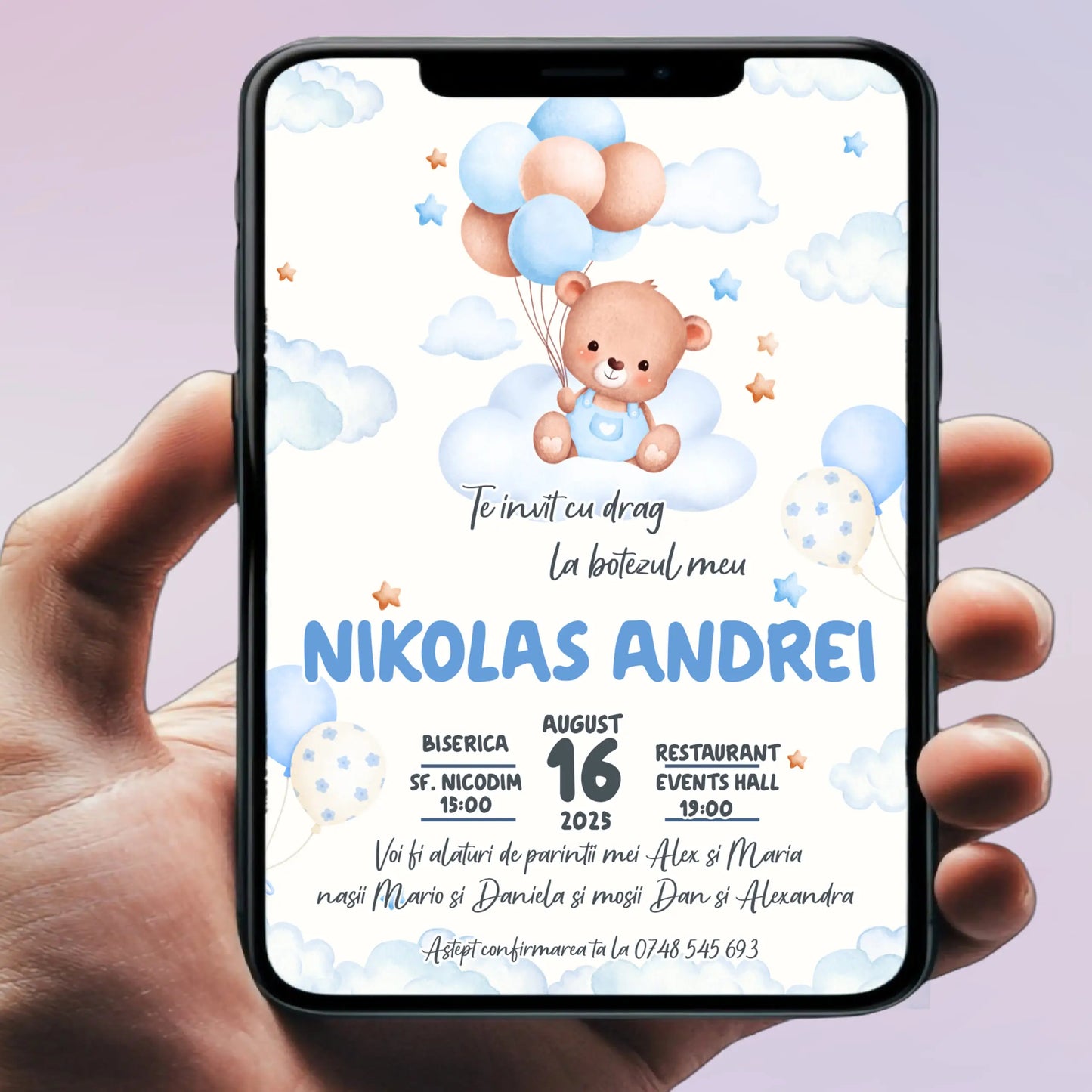 Invitație digitală pentru botez –  personalizată | Model D12